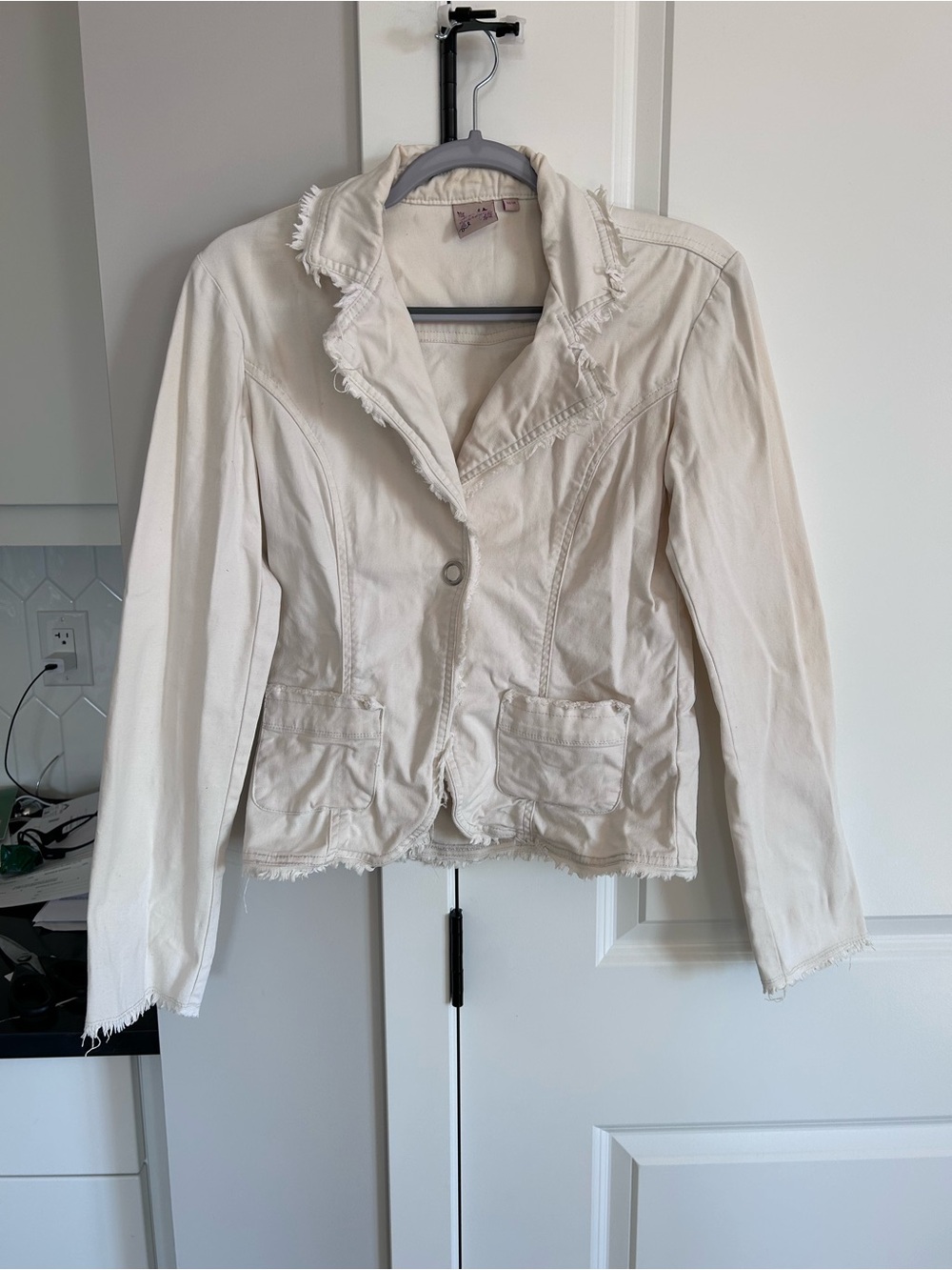 Y2 Blu Authentic White Denim Blazer Frayed Edge Casual Jacket Y2K Retro Chic